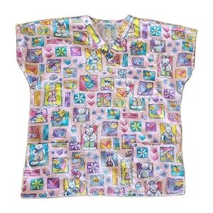 SB Scrubs EASTER BUNNY Cotton Blend 2-pocket V-neck Pink Blue XL Extra Large
